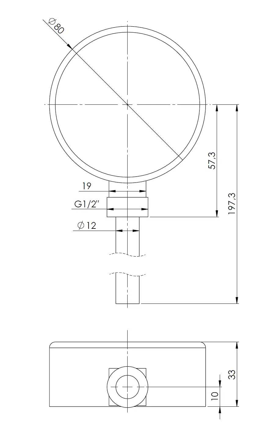 Termometr bimetaliczny BiTh 80, fi80 mm, -20÷60°C, L 150 mm, G1/2", rad, kl. 2 - budowa