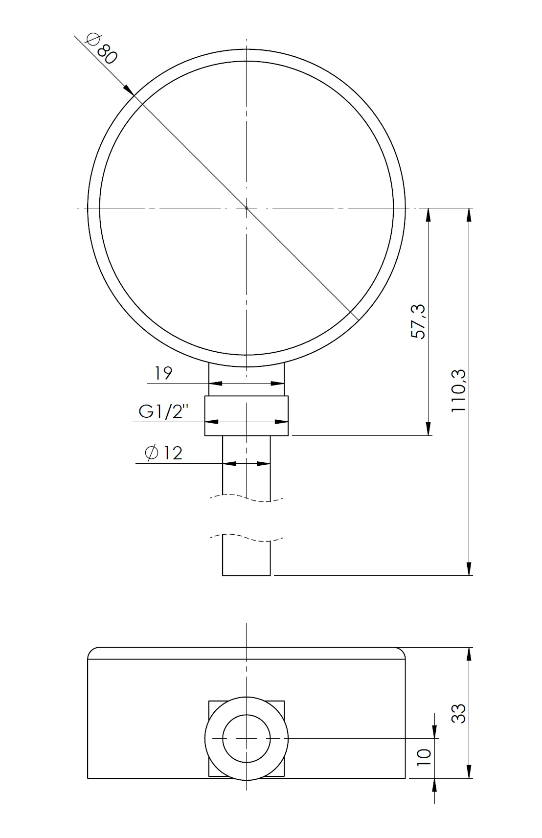Termometr bimetaliczny BiTh 80, fi80 mm, 0÷120°C, L 63 mm, G1/2", rad, kl. 2 - budowa