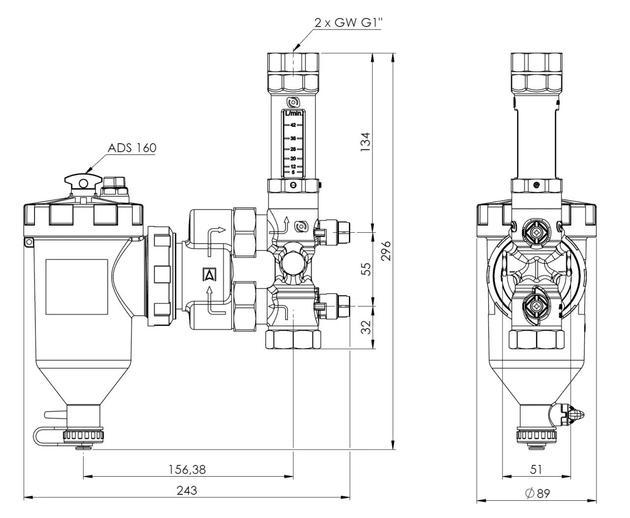 Zespół armatury serwisowej AHS 560 do pomp ciepła, z separatorem zanieczyszczeń ADS 160, z przepływomierzem 5÷42 l/min, przyłącza GW G1" - budowa