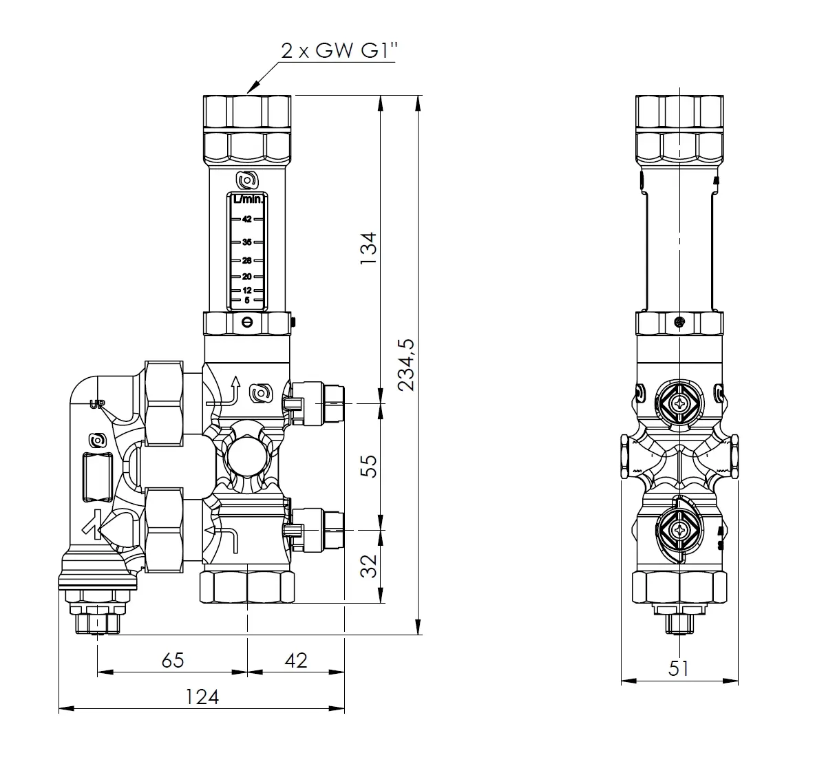 Zespół armatury serwisowej AHS 500 do pomp ciepła, z filtrem siatkowym, z przepływomierzem 5÷42 l/min, przyłącza GW G1" - budowa