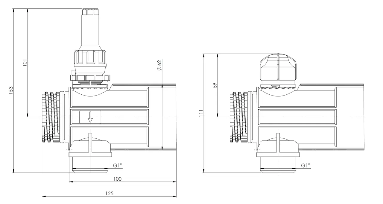 Jeden obieg rozdzielacza ProCalida IN 1 1/2", rozstaw 100 mm, G1", rotametr 4÷20 l/min - budowa