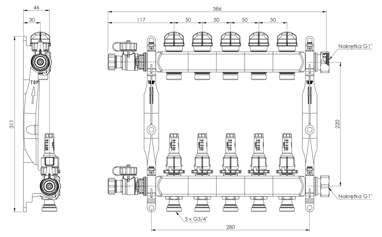 ProCalida VA 1C ze stali nierdzewnej, 5 obiegów, nakrętki G1'', 0,5 - 4,0 l/min - budowa