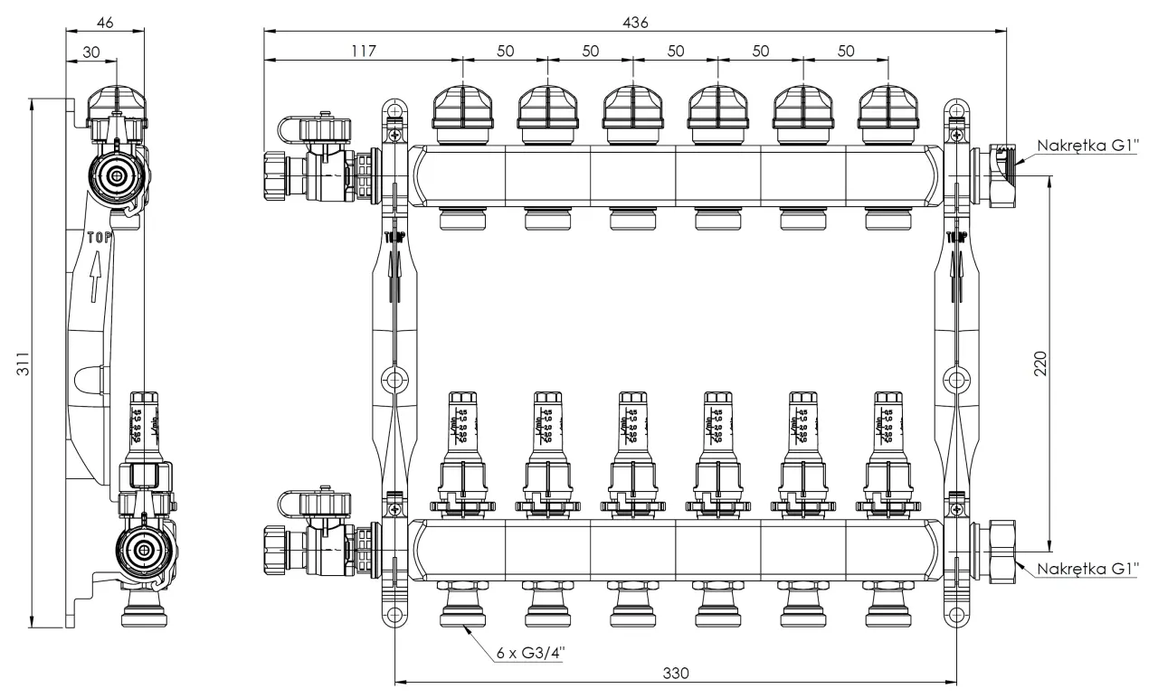 ProCalida VA 1C ze stali nierdzewnej, 6 obiegów, nakrętki G1'', 0,5 - 4,0 l/min - budowa
