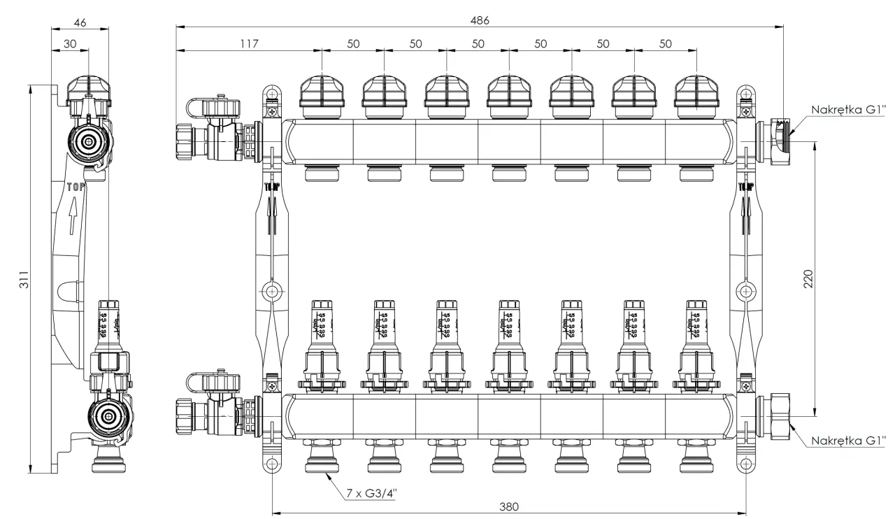 ProCalida VA 1C ze stali nierdzewnej, 7 obiegów, nakrętki G1'', 0,5 - 4,0 l/min - budowa