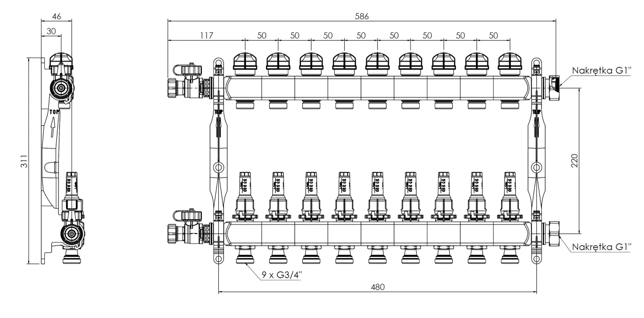 ProCalida VA 1C ze stali nierdzewnej, 9 obiegów, nakrętki G1'', 0,5 - 4,0 l/min - budowa