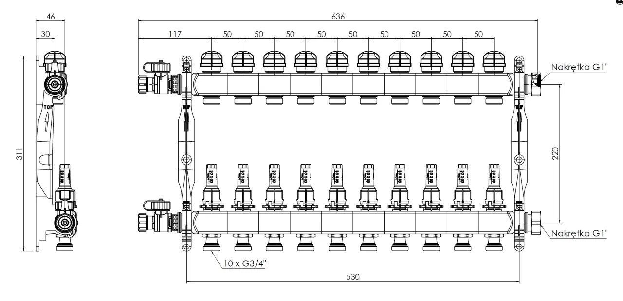 ProCalida VA 1C ze stali nierdzewnej, 10 obiegów, nakrętki G1'', 0,5 - 4,0 l/min - budowa