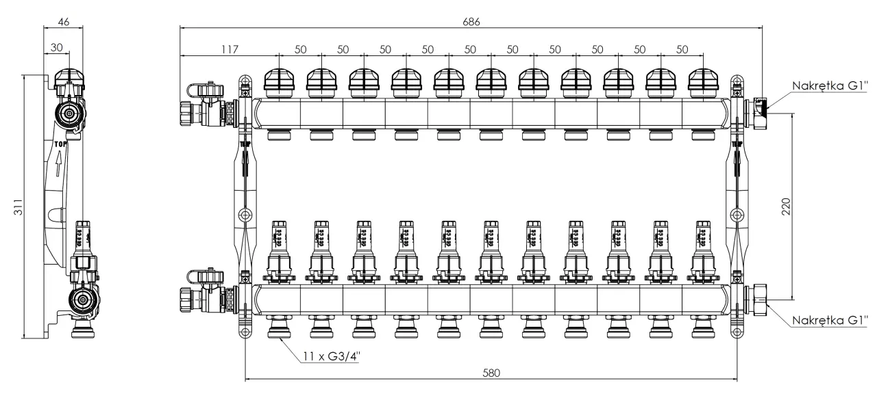 ProCalida VA 1C ze stali nierdzewnej, 11 obiegów, nakrętki G1'', 0,5 - 4,0 l/min - budowa