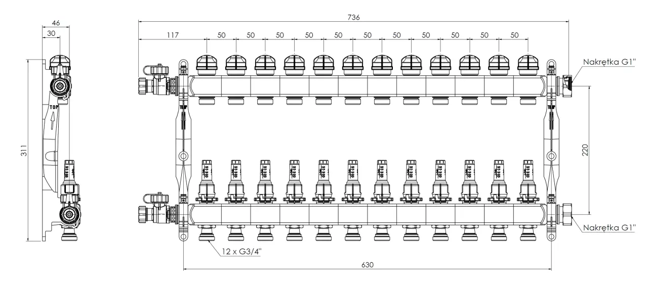 ProCalida VA 1C ze stali nierdzewnej, 12 obiegów, nakrętki G1'', 0,5 - 4,0 l/min - budowa