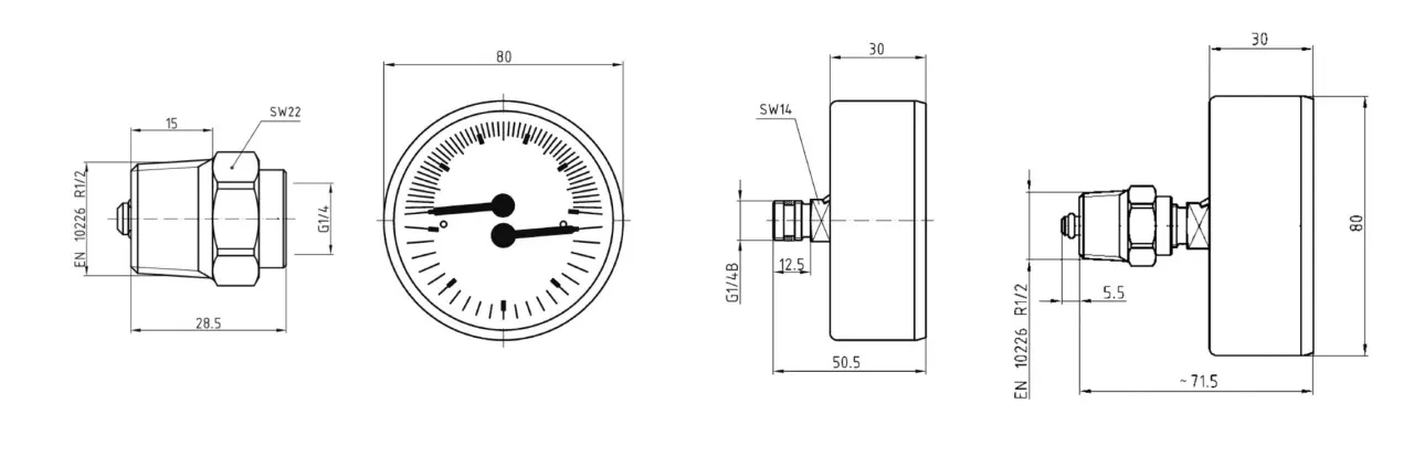 Termomanometr TM 80, fi80 mm, 0÷4 bar, 20÷120°C, G1/4", ax, kl. 2,5 - budowa