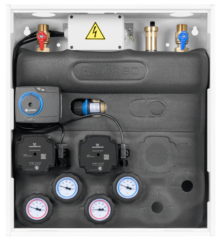 Zestaw mieszający PrimoBox AZB 251 w szafce, zawór obrotowy z siłownikiem ARM 141, zawór termostatyczny ATM 561