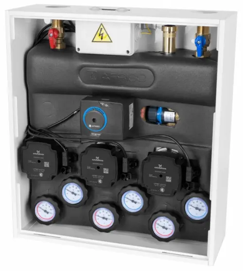 PrimoBox AZB 351 ze sprzęgłem hydraulicznym, 1 obieg bez zmieszania, 1 obieg z zaworem mieszającym i siłownikiem ARM i 1 obieg z zaworem termostatycznym ATM