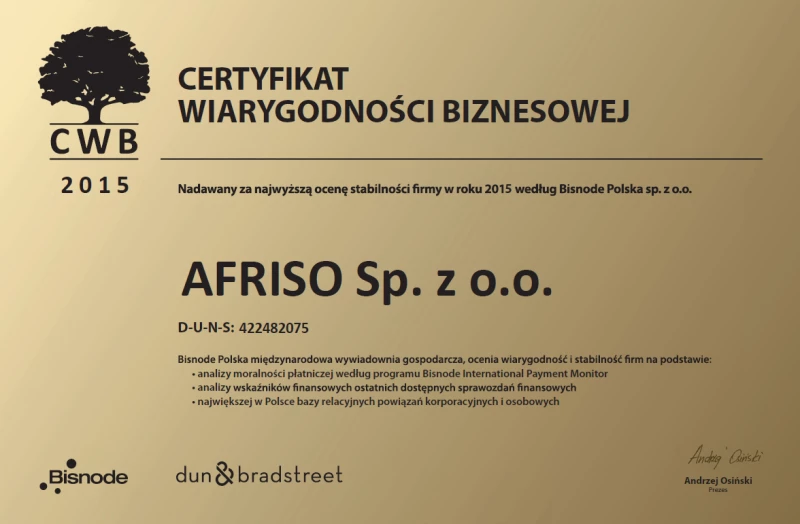 Certyfikat Wiarygoności Biznesowej 2015