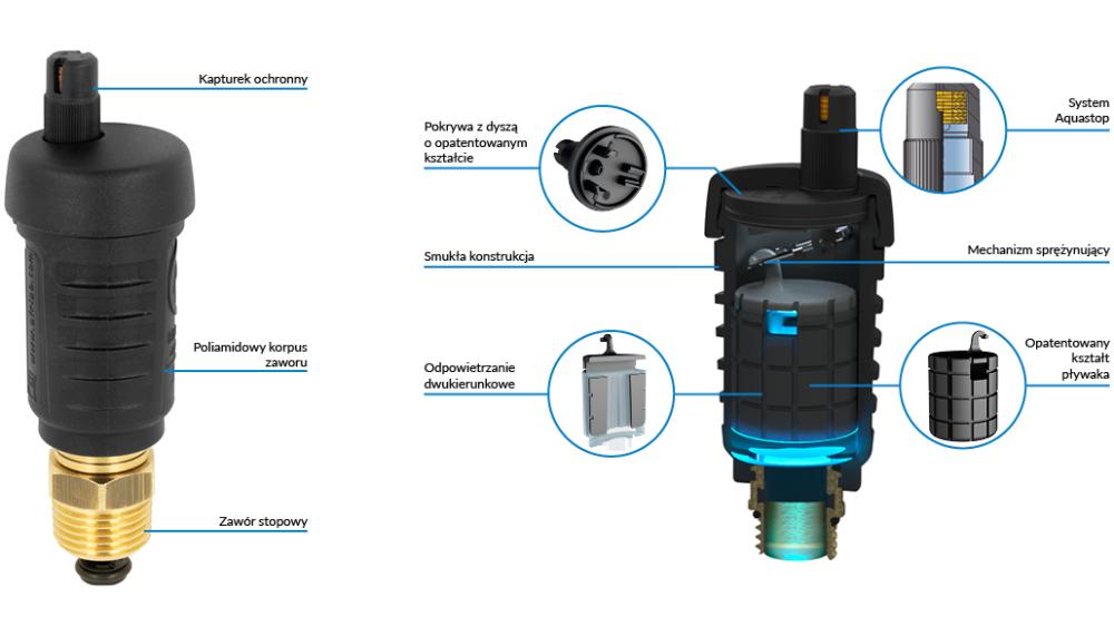 7772910 Odpowietrznik automatyczny pionowy, hybrydowy PrimoVent G3/8'' z Aquastop i zaworem stopowym, R1/2" - budowa AFRISO 1
