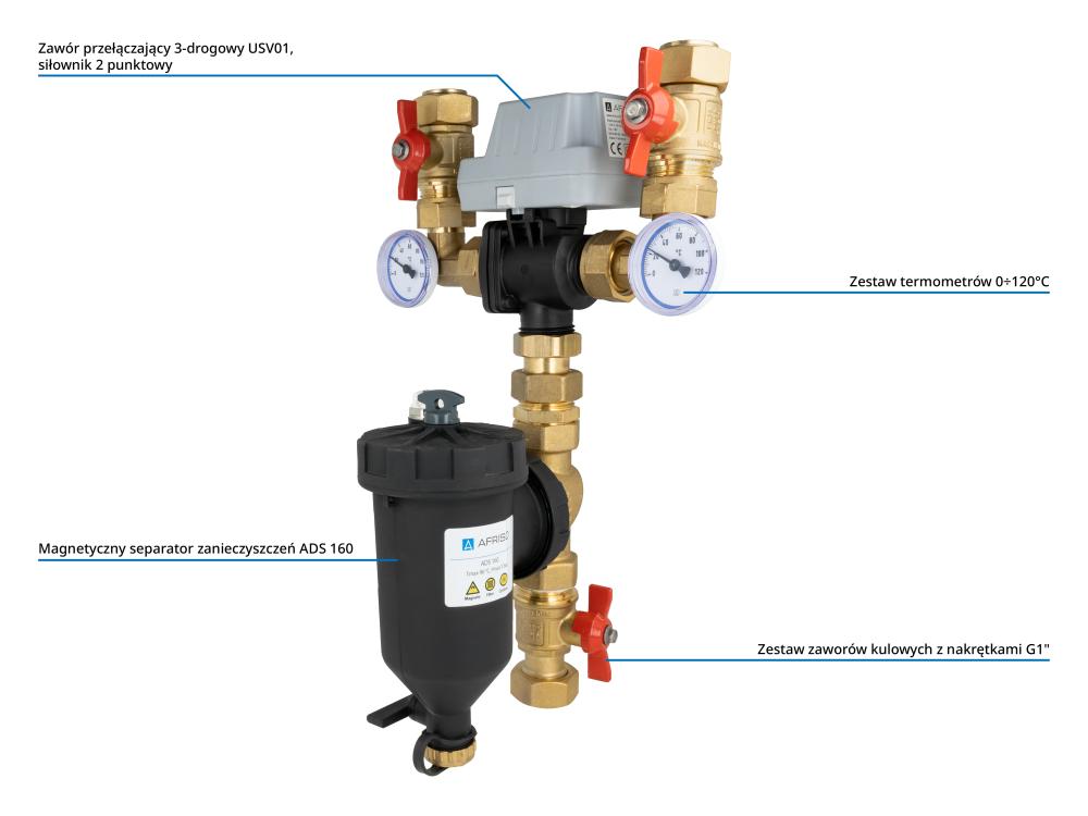 7602000 AMB Lite DN20 – Zespół powrotu do pompy ciepła AMB Lite z zaworem przełączającym USV, separatorem zanieczyszczeń ADS 160, DN20, przyłącza G1” - budowa AFRISO 1