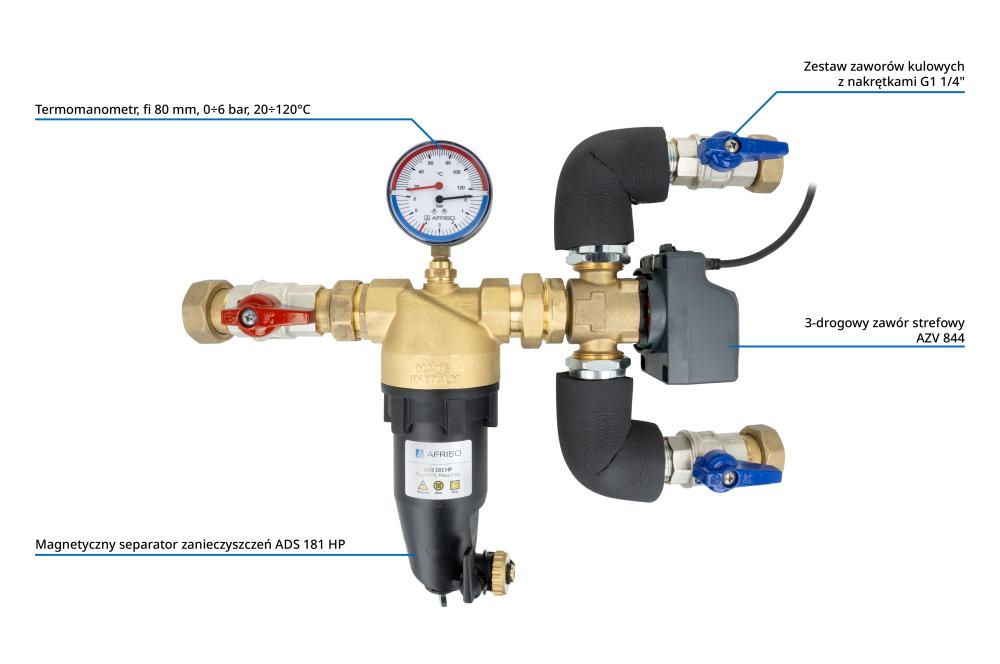 7602500 AMB Lite DN25 - Zespół powrotu do pompy ciepła AMB Lite z zaworem przełączającym AZV, separatorem zanieczyszczeń ADS 181, DN25, przyłącza G1 1/4” - budowa AFRISO 1