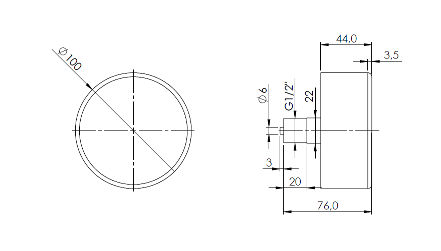 35124211 Manometr puszkowy KP 100, D211, fi100 mm, 0÷1000 mbar, G1/2", ax, kl. 1,6 - wymiary AFRISO 1