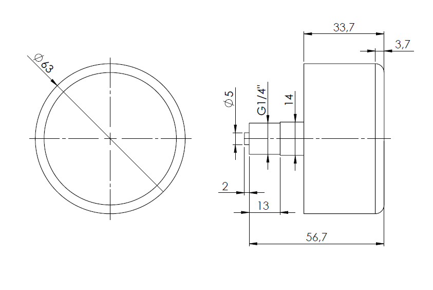 35016211 Manometr puszkowy KP 63, D211, fi63 mm, 0÷25 mbar, G1/4", ax, kl. 1,6 - wymiary AFRISO 1