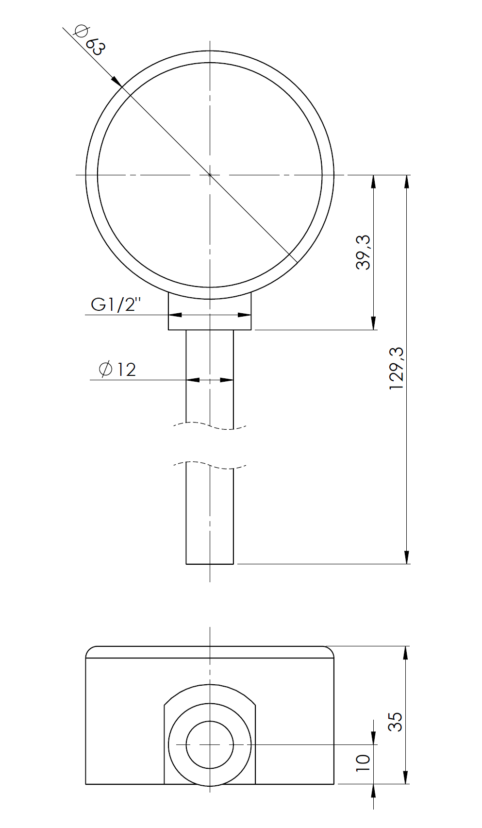 64045 Termometr bimetaliczny BiTh 63, fi63 mm, 0÷60°C, L 100 mm, G1/2", rad, kl. 2 - wymiary AFRISO 1