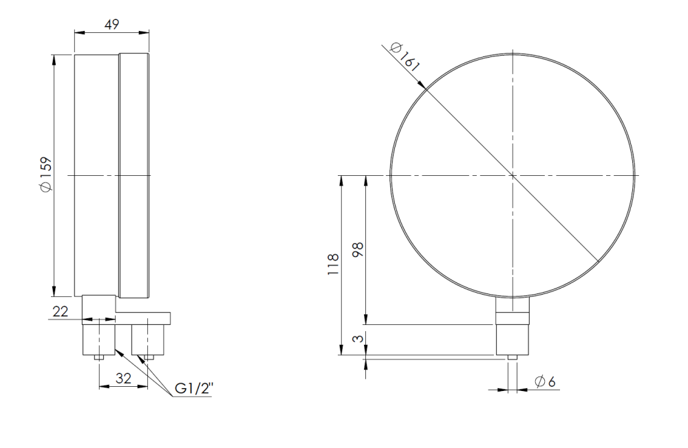 35617401 Manometr puszkowy KP 160 Dif, D401, fi160 mm, 0÷40 mbar, G1/2", rad, kl. 1,6 - wymiary AFRISO 1