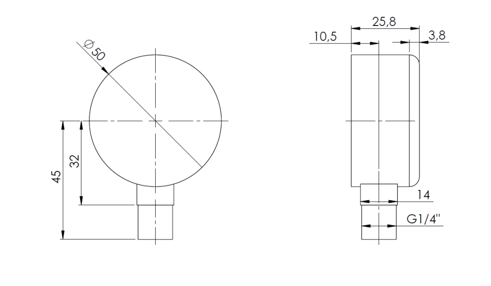 63123 Manometr grzewczy RF 50, fi50 mm, 0÷10 bar, G1/4", rad, kl. 2,5 - wymiary AFRISO 1