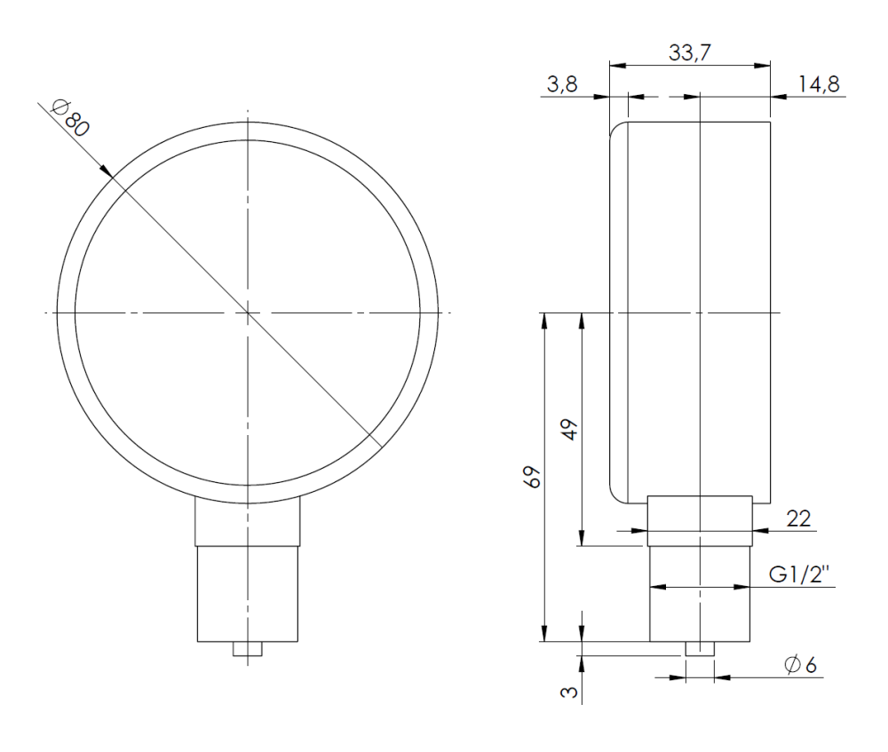 35057201 Manometr puszkowy KP 80, D201, fi80 mm, -100÷0 mbar, G1/2", rad, kl. 1,6 - wymiary AFRISO 1