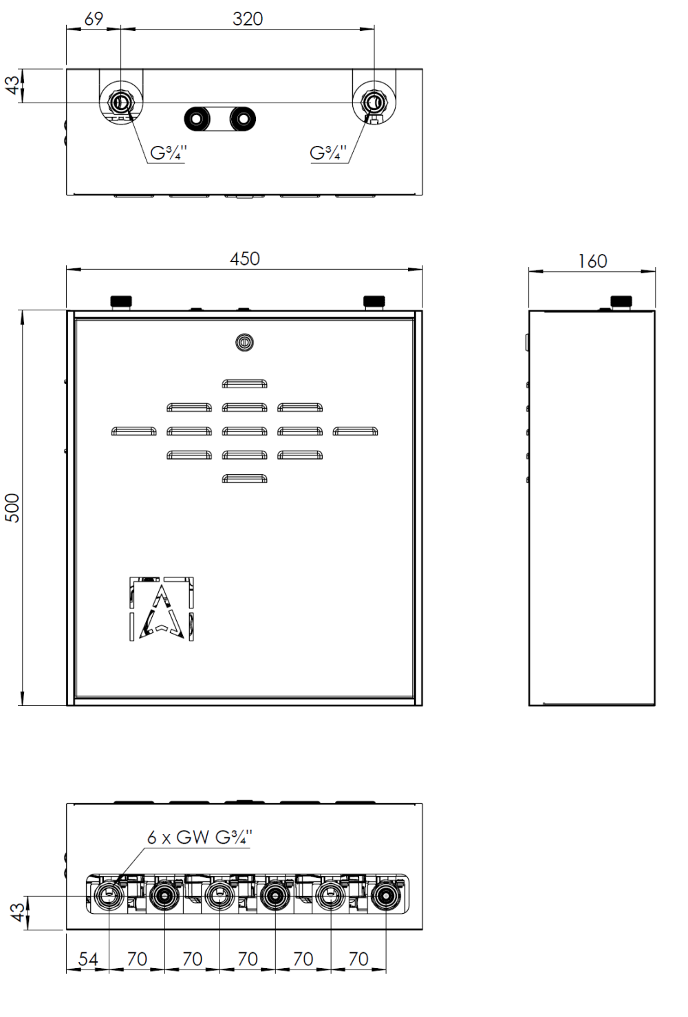 7655500 PrimoBox AZB 555 z rozdzielaczem, 1 obieg bez zmieszania i 2 obiegi z zaworem mieszającym i siłownikiem ARM - wymiary AFRISO 1