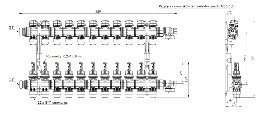 81271 ProCalida EF1 K 11 obiegów grzewczych, G1", 0,2÷1,6 l/min - wymiary AFRISO 1