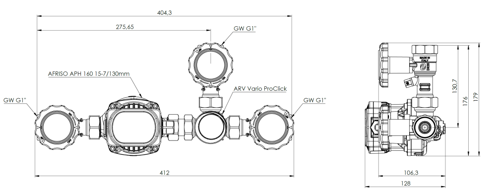 9013020 Grupa ochrony powrotu kotła BRA 130 AP z zaworem obrotowym ARV 362 Vario ProClick, pompa AFRISO APH 160 - wymiary AFRISO 1