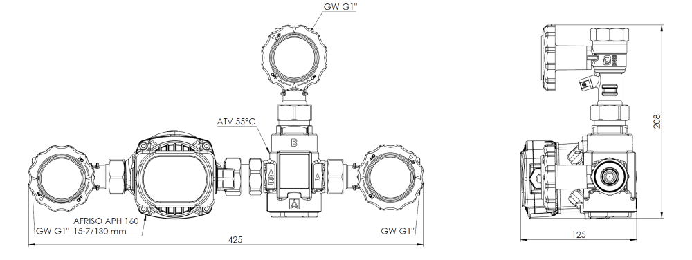 9011020 Grupa ochrony powrotu kotła BTA 110 AP z zaworem temperaturowym ATV 55°C, pompa AFRISO APH 160 - wymiary AFRISO 1