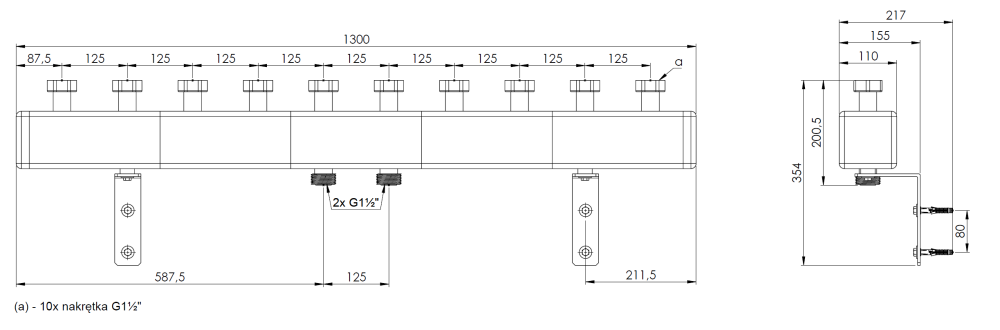 77313 Rozdzielacz KSV 125-5, do 70 kW, dla 5 obiegów - wymiary AFRISO 1