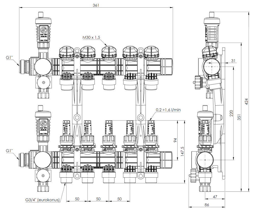 81365 ProCalida EF1 na 5 obiegów grzewczych, rotametry 0,2÷1,6 l/min, G1" - wymiary AFRISO 1