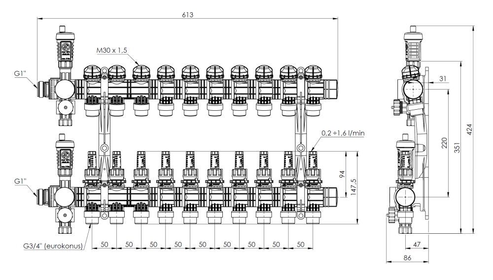 81370 ProCalida EF1 na 10 obiegów grzewczych, rotametry 0,2 ÷ 1,6 l/min, G1" - wymiary AFRISO 1