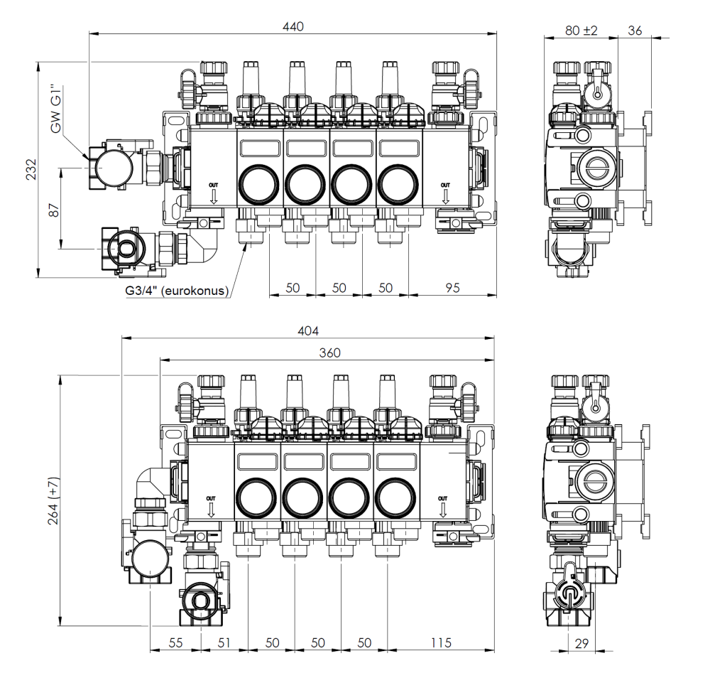 81484 ProCalida CC 1 na 4 obiegi grzewcze, rotametry 0,75÷3,75 l/min - wymiary AFRISO 1