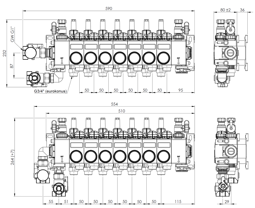 81487 ProCalida CC 1 na 7 obiegów grzewczych, rotametry 0,75÷3,75 l/min - wymiary AFRISO 1