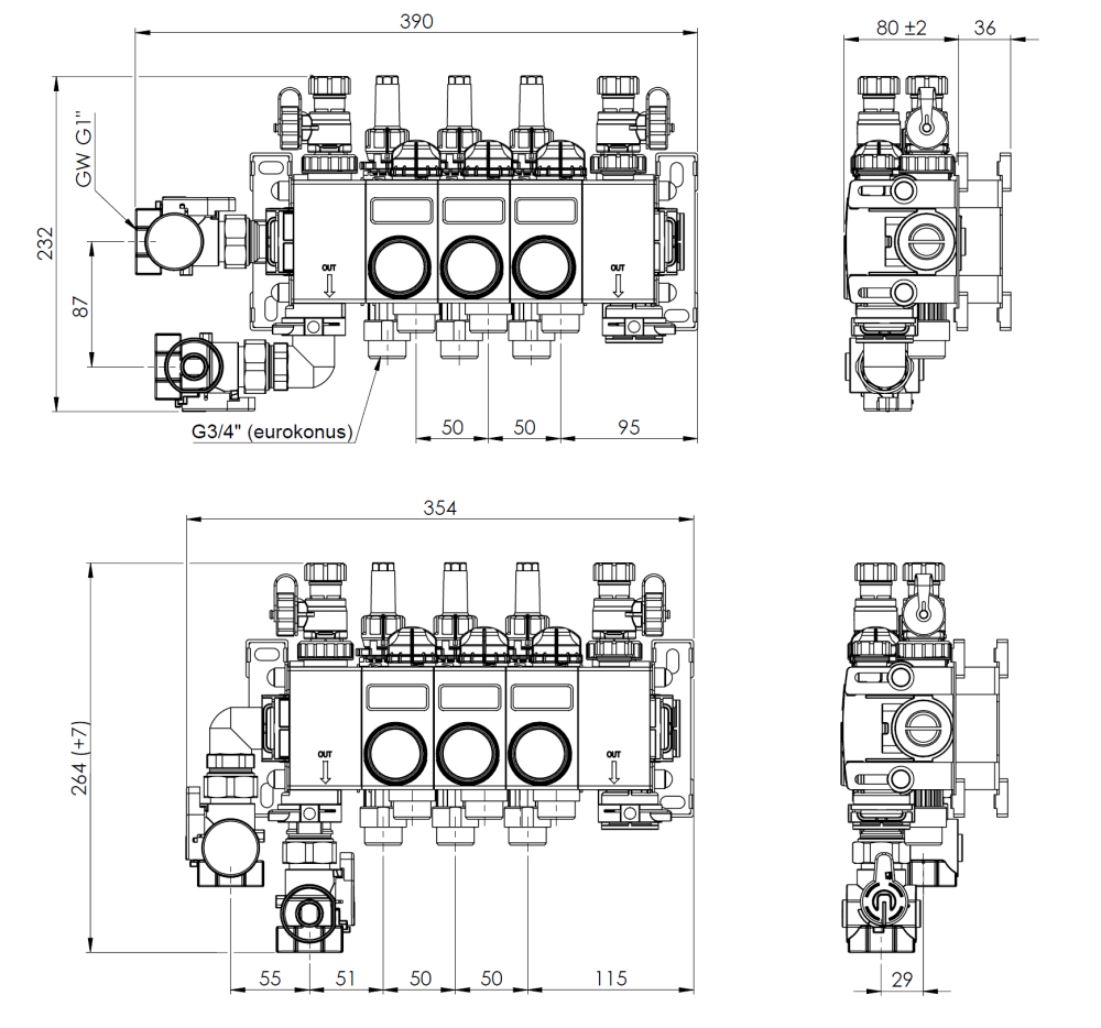 81483 ProCalida CC 1 na 3 obiegi grzewcze, rotametry 0,75÷3,75 l/min - wymiary AFRISO 1