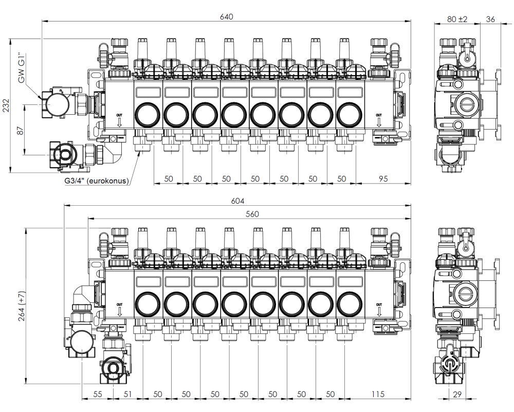 81488 ProCalida CC 1 na 8 obiegów grzewczych, rotametry 0,75÷3,75 l/min - wymiary AFRISO 1