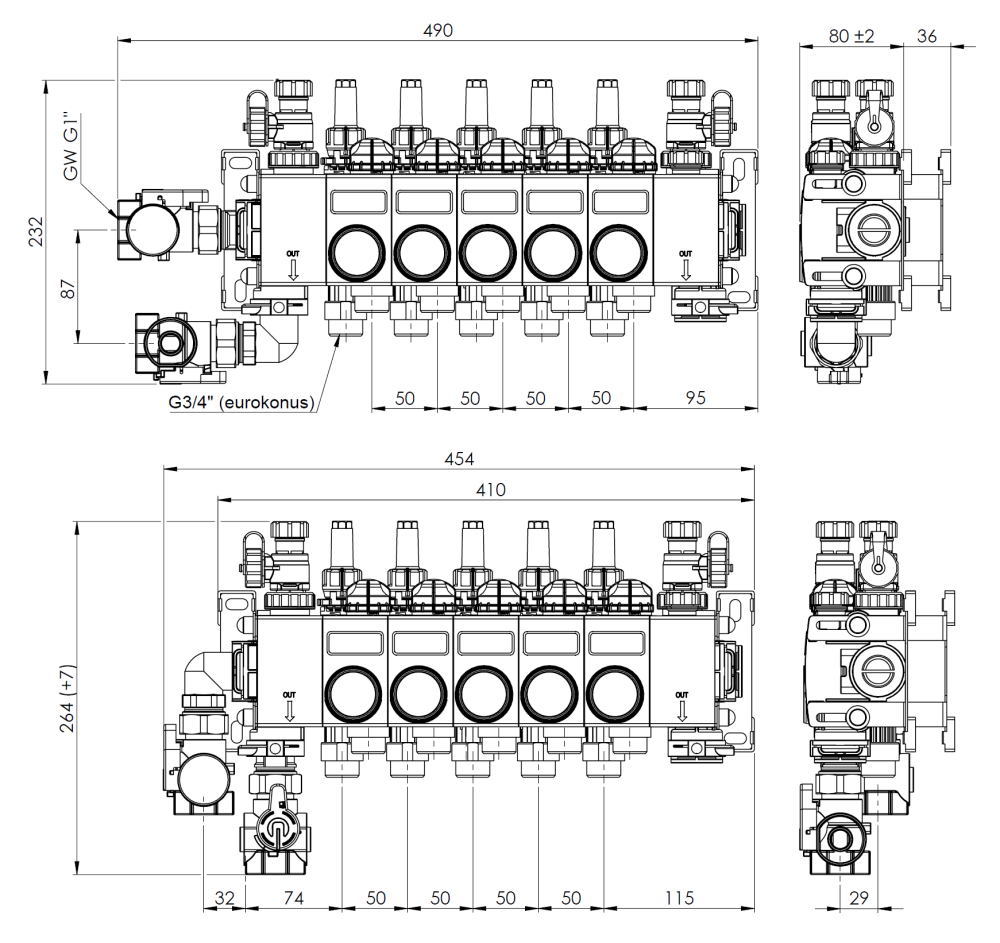 81485 ProCalida CC 1 na 5 obiegów grzewczych, rotametry 0,75÷3,75 l/min - wymiary AFRISO 1