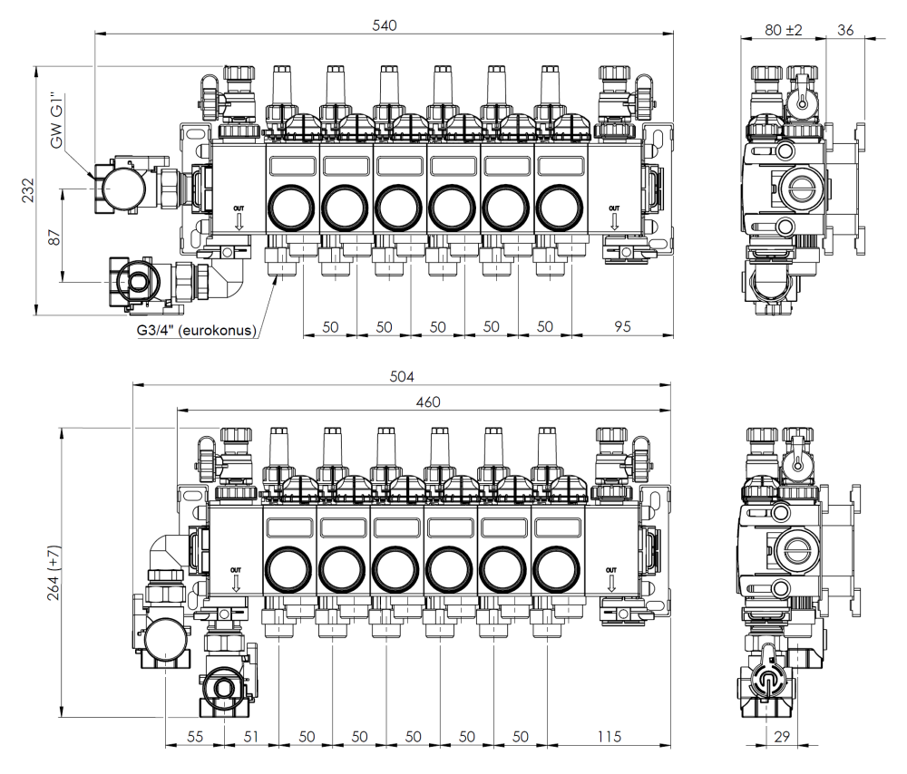 81486 ProCalida CC 1 na 6 obiegów grzewczych, rotametry 0,75÷3,75 l/min - wymiary AFRISO 1