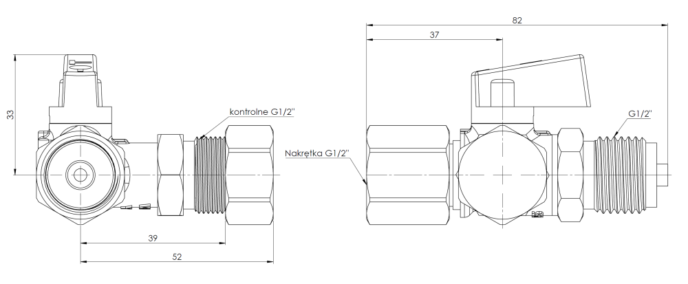 6351300 Kurek manometryczny AMC 3-drogowy, G1/2'' x nakrętka G1/2'' x kontrolne G1/2'', PN25 - wymiary AFRISO 1