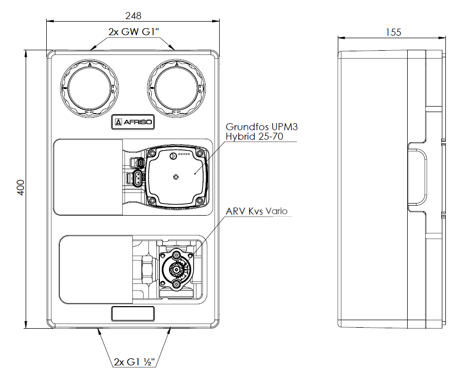 77839 Grupa pompowa PrimoTherm K 180-2 DN25, zawór mieszający ARV Kvs Vario, pompa Grundfos - wymiary AFRISO 1