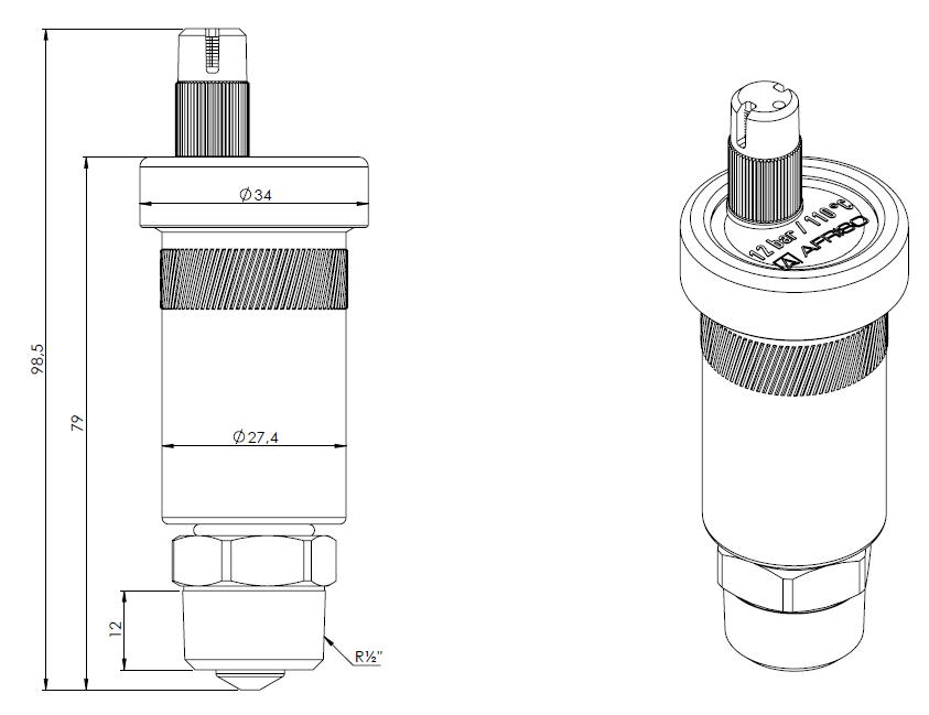 7773510 Odpowietrznik automatyczny pionowy PrimoVent G3/8" z Aquastop i zaworem stopowym R1/2" - wymiary AFRISO 1