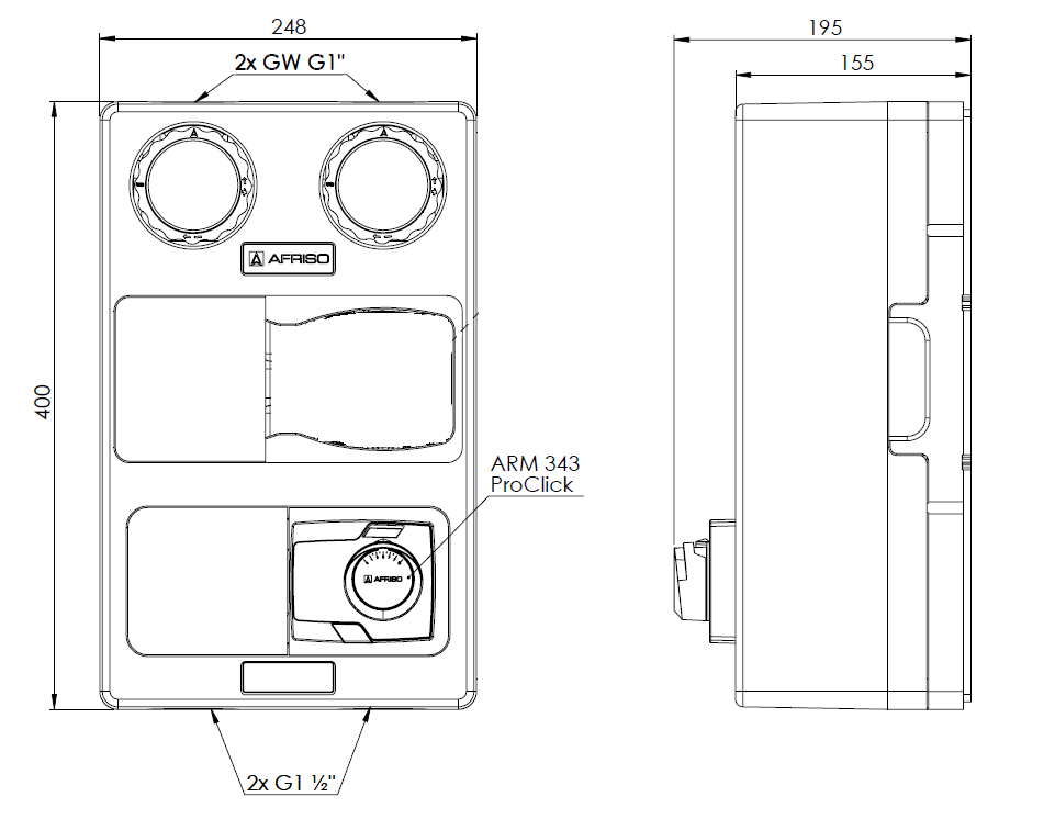 77810 Grupa pompowa PrimoTherm K 180-2 DN25, zawór mieszający ARV Kvs Vario, siłownik ARM 343 ProClick, bez pompy - wymiary AFRISO 1