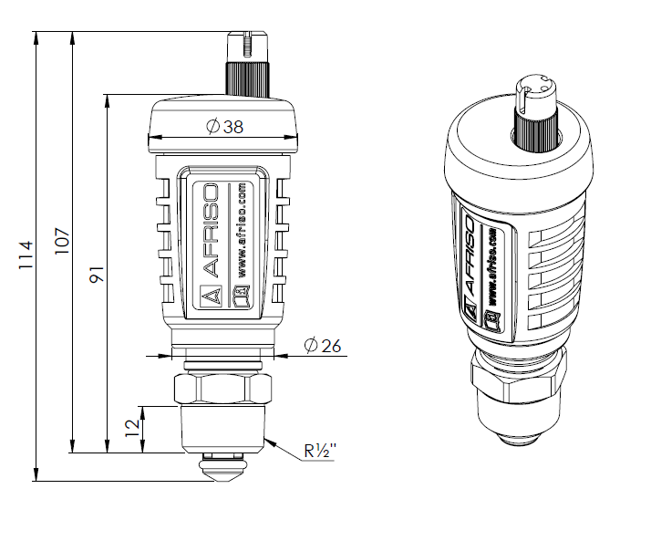 7772910 Odpowietrznik automatyczny pionowy, hybrydowy PrimoVent G3/8'' z Aquastop i zaworem stopowym, R1/2" - wymiary AFRISO 1