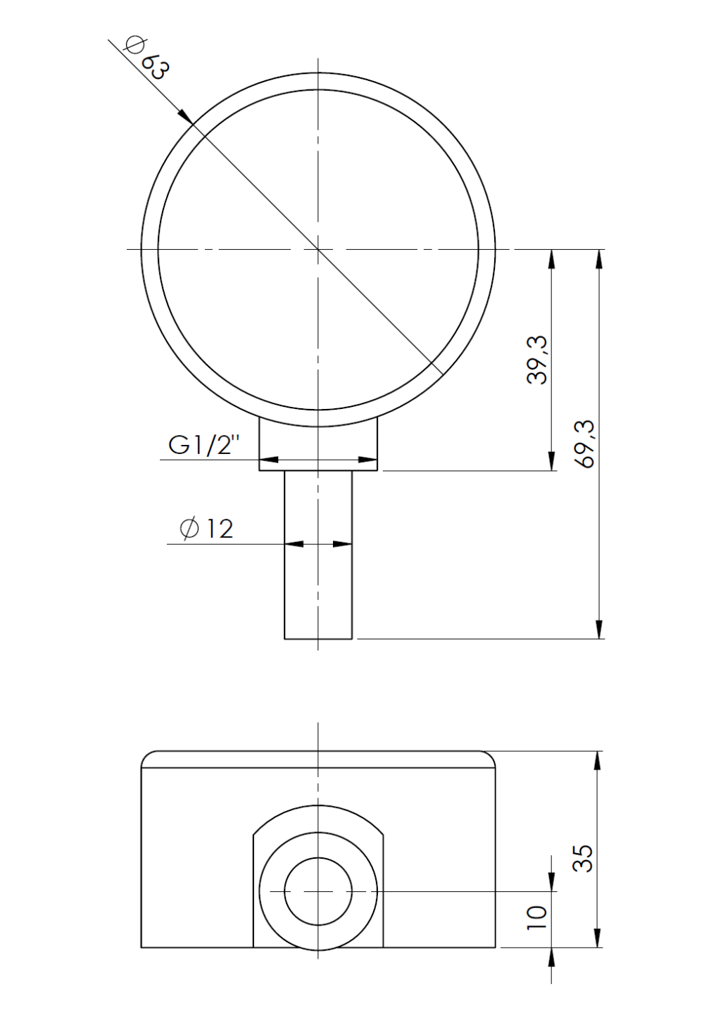 64039 Termometr bimetaliczny BiTh 63, fi63 mm, -20÷60°C, L 40 mm, G1/2", rad, kl. 2 - wymiary AFRISO 1