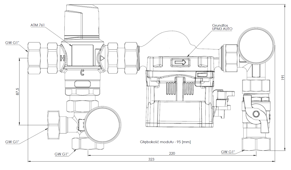 9050200 Moduł mieszający BTU 502 do ogrzewania podłogowego z zaworem ATM 761, pompa Grundfos UPM3 AUTO - wymiary AFRISO 1