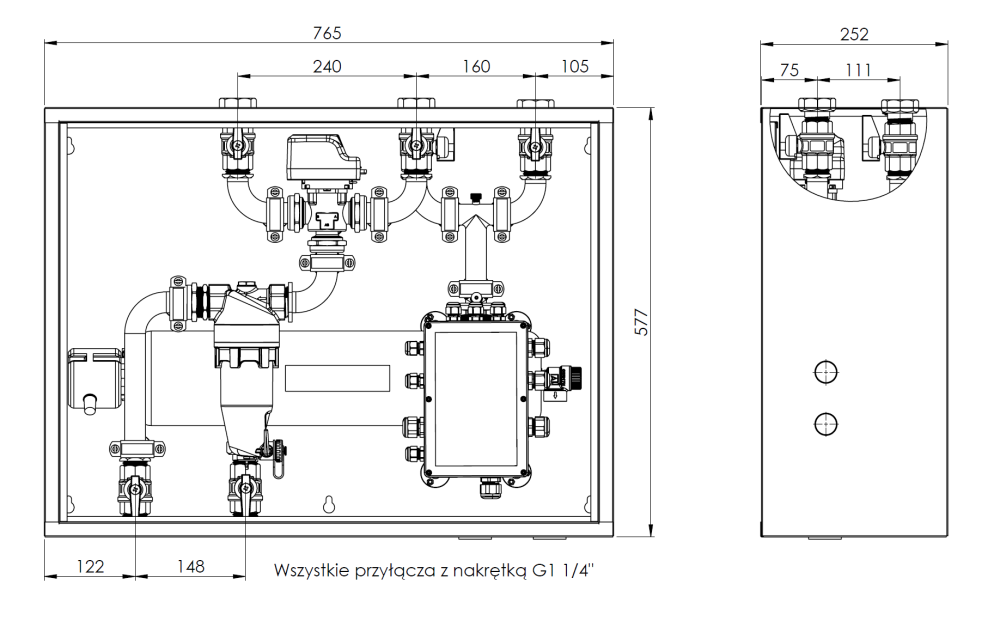 7690000 Moduł hydrauliczny do pomp ciepła AMB 900, z grzałką zanurzeniową 9 kW, zaworem przełączającym AZV, separatorem zanieczyszczeń ADS 181, przyłącza G1 1/4" - wymiary AFRISO 1