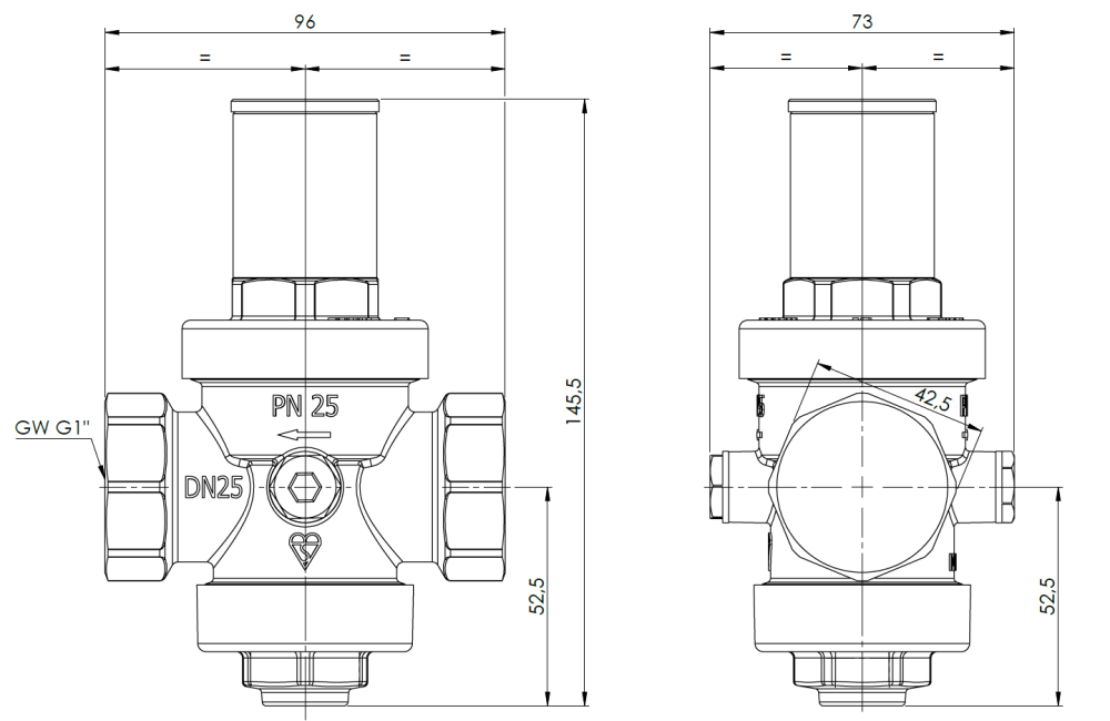 9040310 Standardowy reduktor ciśnienia wody BPR 403, GW G1" - wymiary AFRISO 1