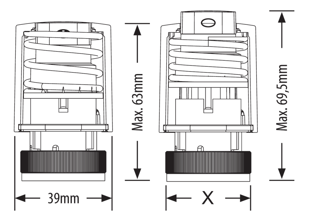T30NC230A-P Zestaw dziesięciu sztuk siłowników termoelektrycznych SALUS T30NC230A, M30 x 1,5 mm, 230 V AC, NC - wymiary AFRISO 1