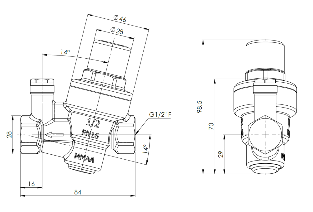 9041100 Kompaktowy reduktor ciśnienia wody BPR 411, GW G1/2" - wymiary AFRISO 1