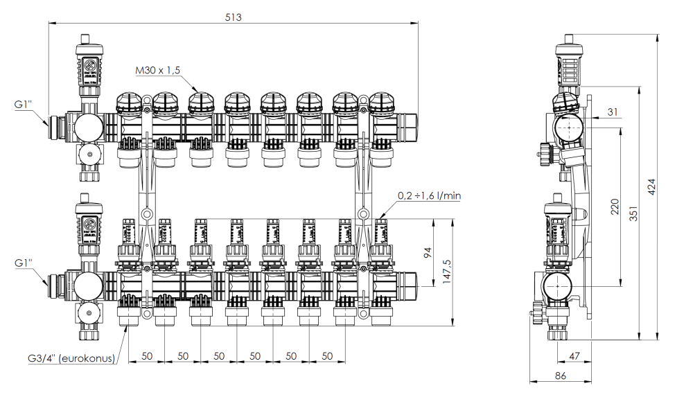 81368 ProCalida EF1 na 8 obiegów grzewczych, rotametry 0,2÷1,6 l/min, G1" - wymiary AFRISO 1